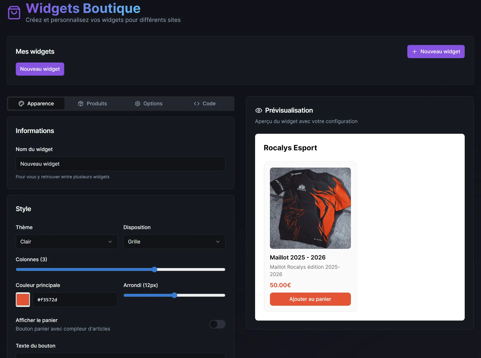 Interface boutique en ligne
