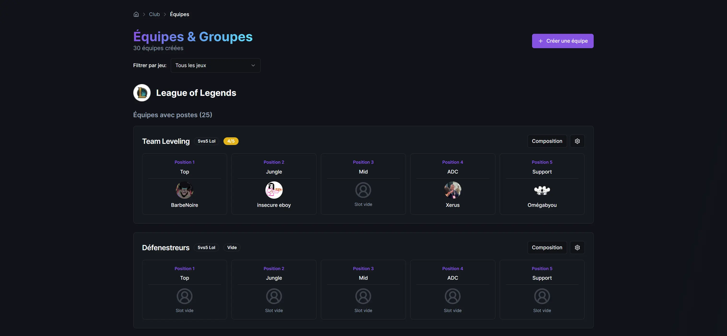 Gestion des équipes, rosters et line-ups