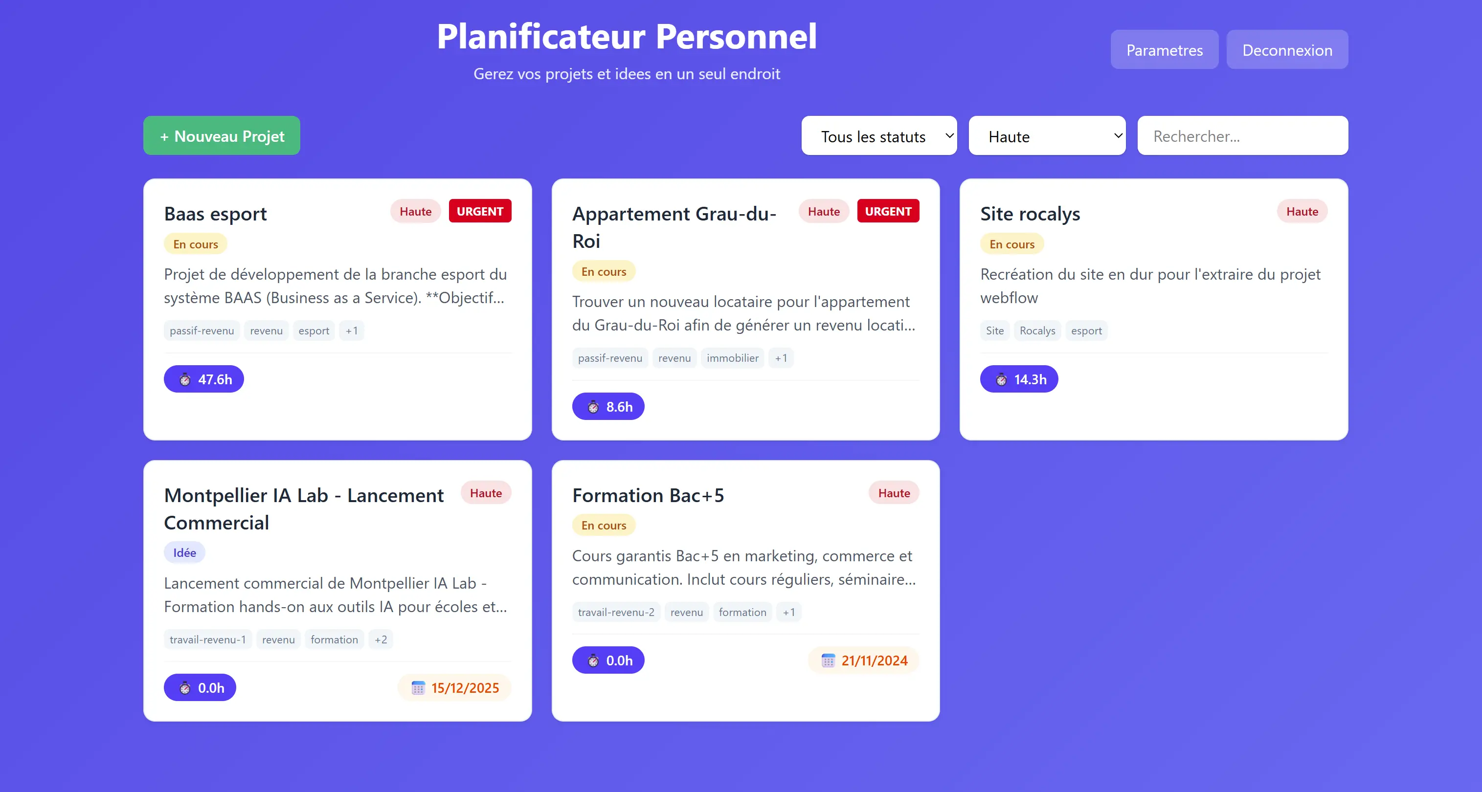 Le Planificateur, vue projets