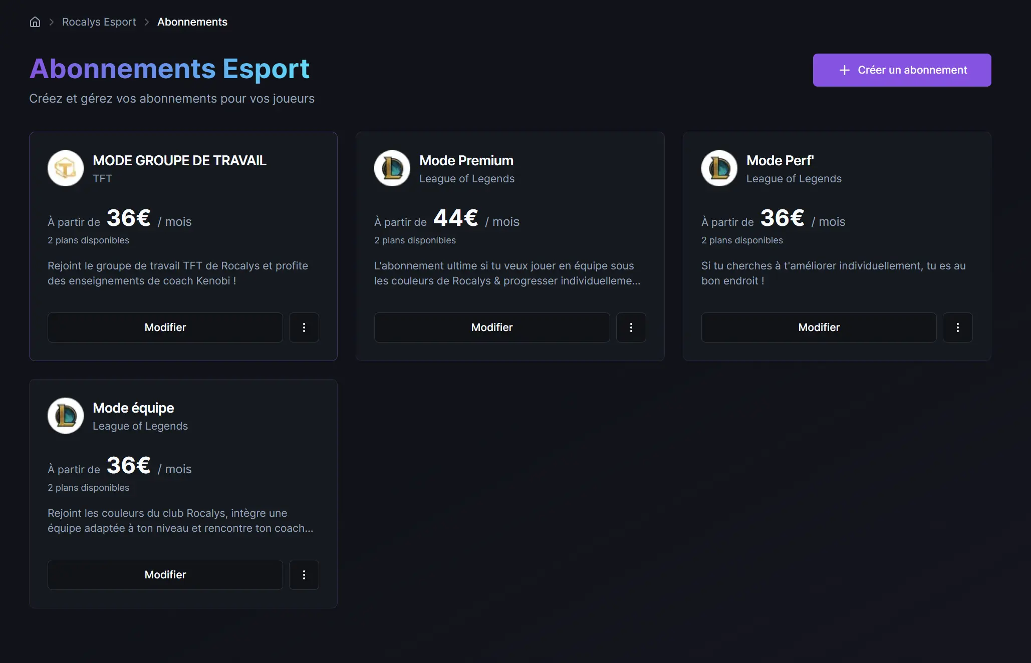 Interface gestion des abonnements BAAS